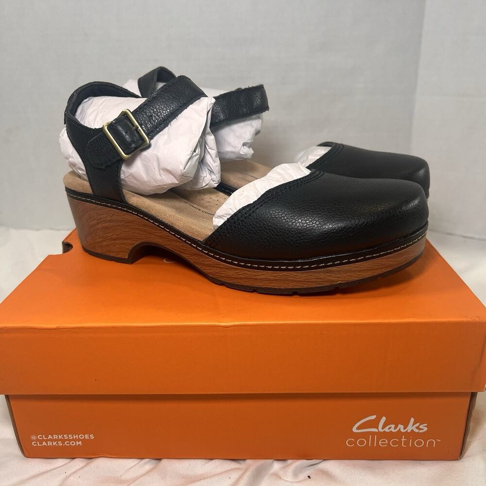 Clarks Paizlee Ria Sandals Size 11 M Black Leather Closed Toe Wedge Clogs NEW
